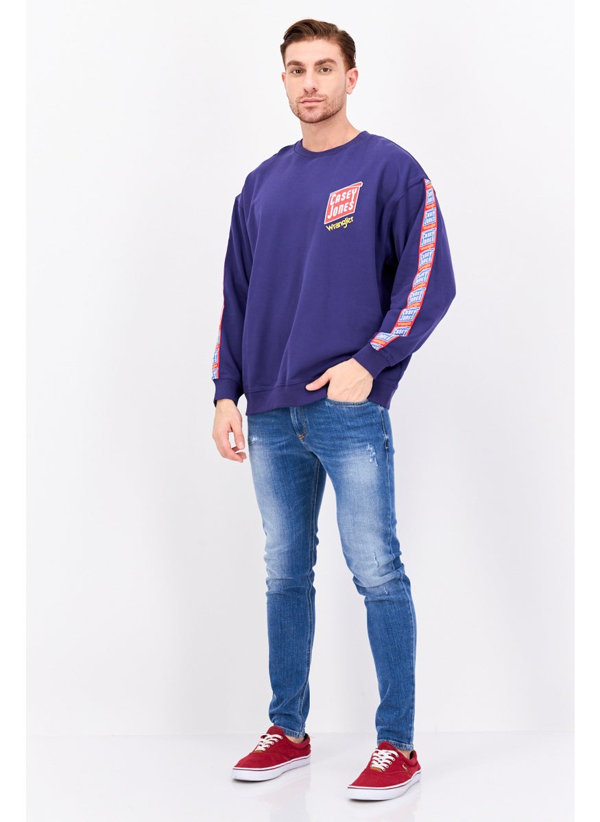 Men Crew Neck Long Sleeve Graphic Print Sweatshirt, Blue