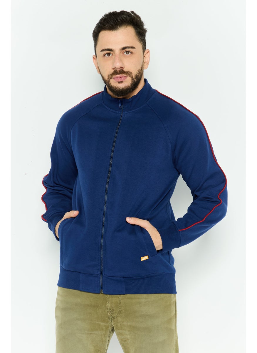 Men Band Collar Long Sleeves Brand Logo Sweatshirt, Navy