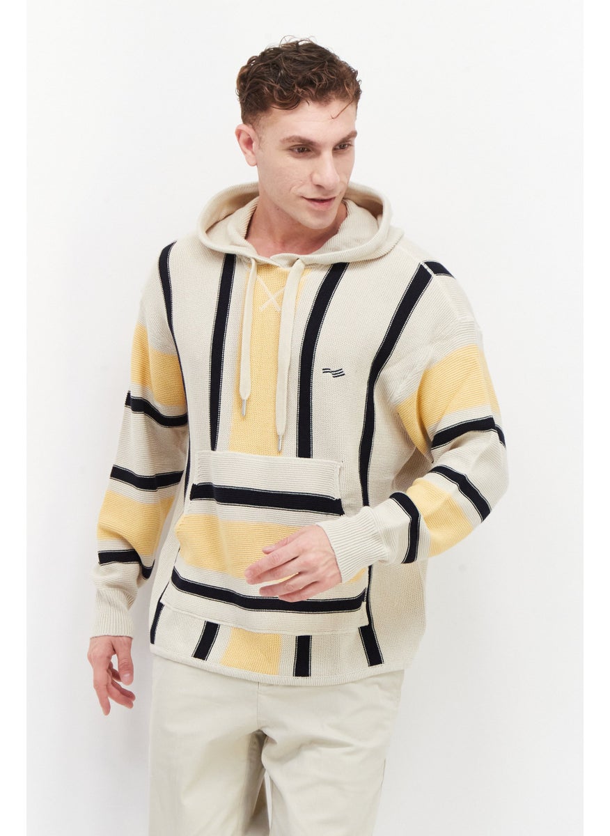 Men Hooded Long Sleeve Stripe Sweatshirt, Beige Combo