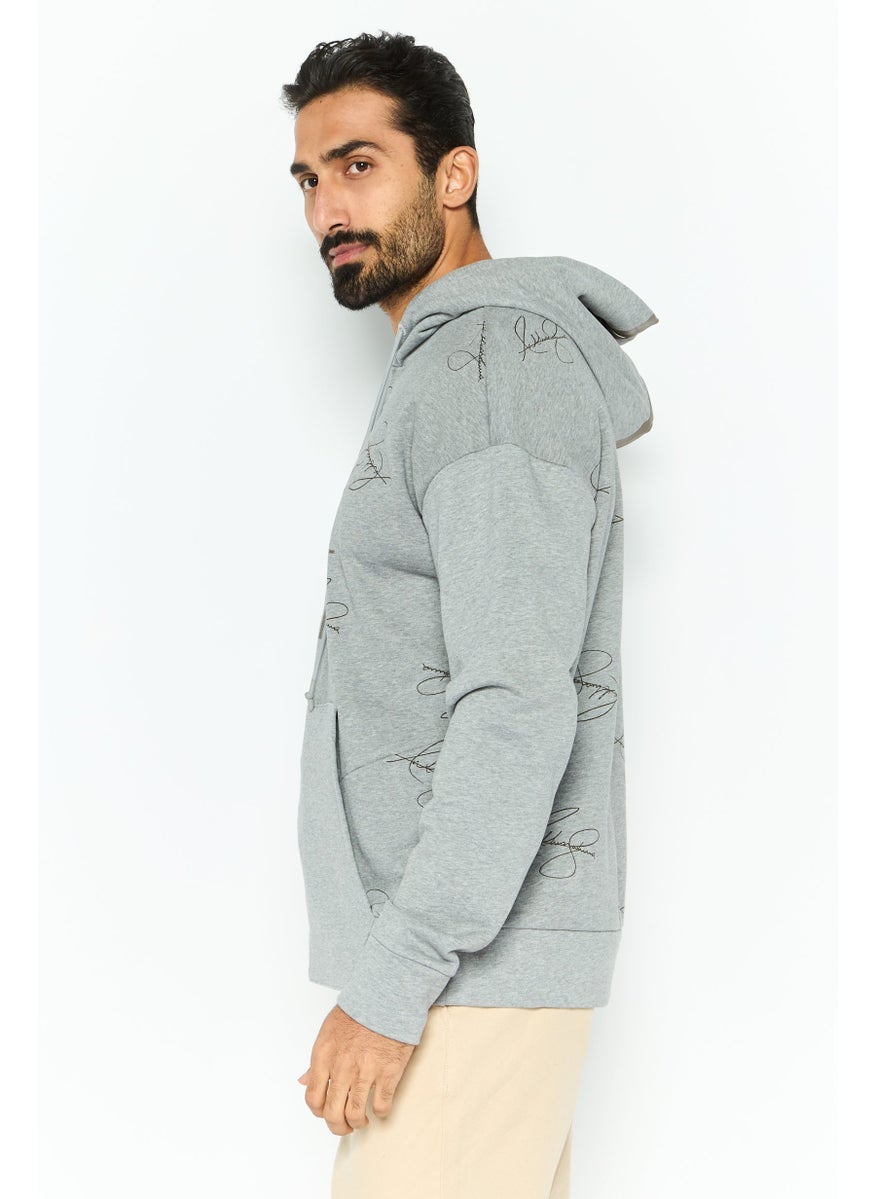 Men Graphic Long Sleeves Hooded Sweatshirt, Grey