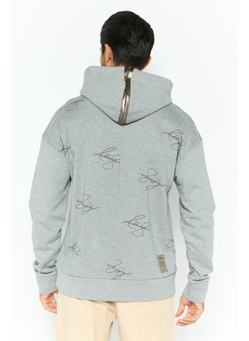 Men Graphic Long Sleeves Hooded Sweatshirt, Grey