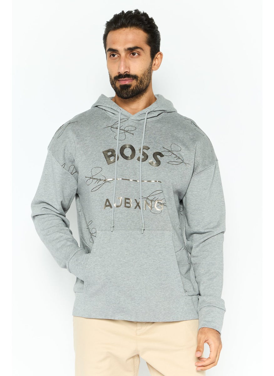 Men Graphic Long Sleeves Hooded Sweatshirt, Grey