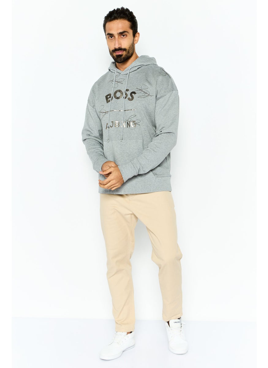 Men Graphic Long Sleeves Hooded Sweatshirt, Grey