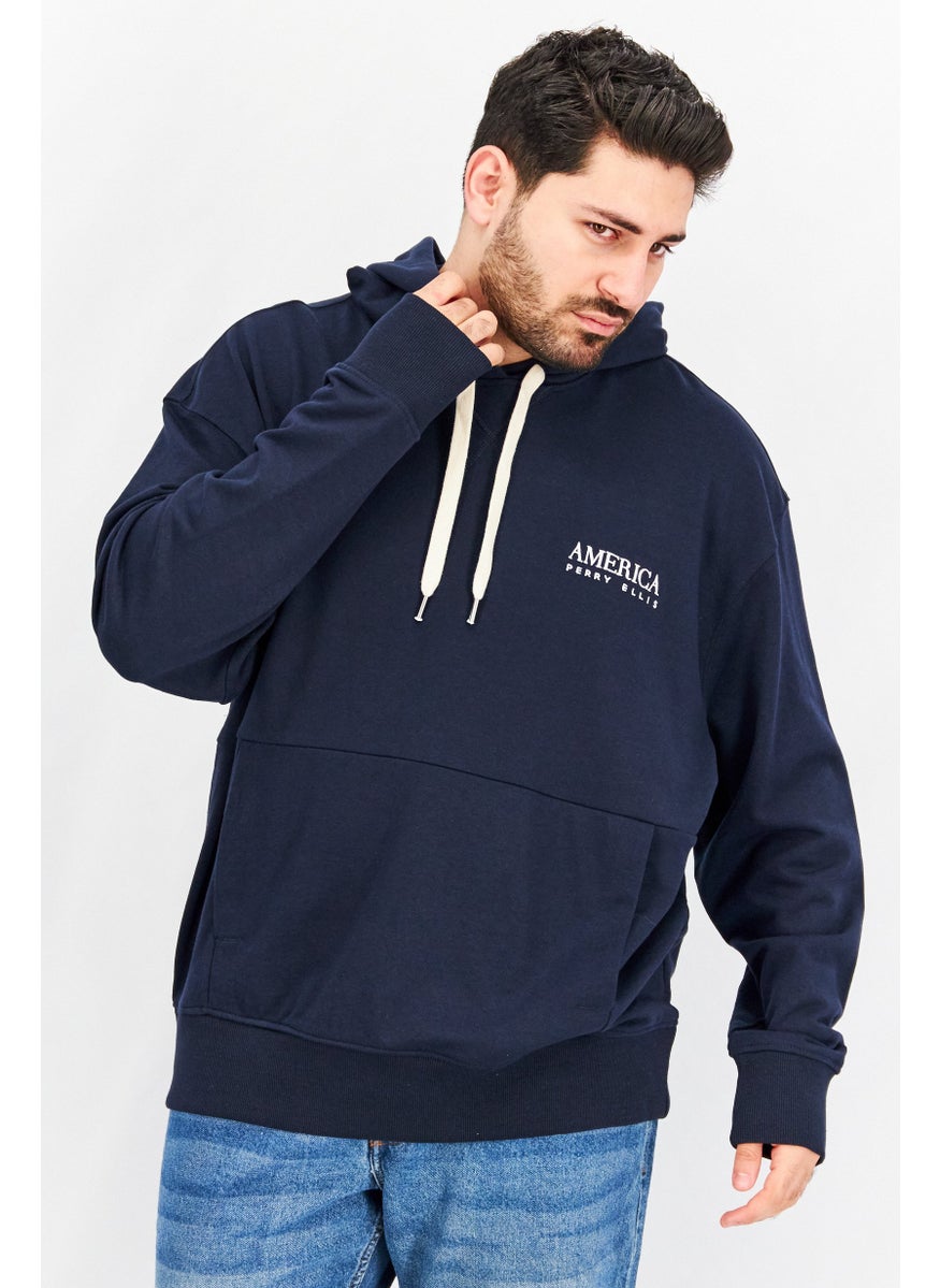 Men Hooded Embroidered Logo Long Sleeve Sweatshirt, Navy