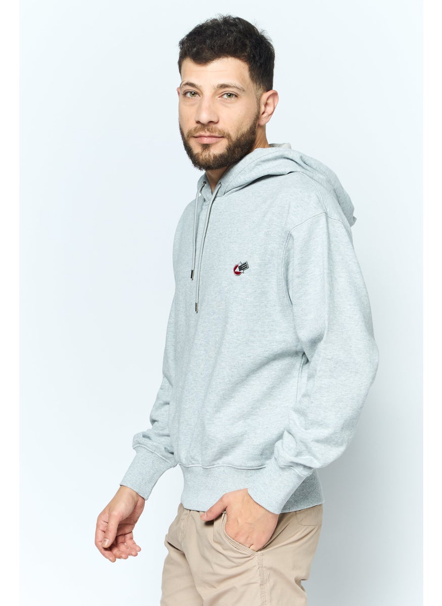 Men Hooded Embroidered Logo Long Sleeves Sweatshirt, Grey