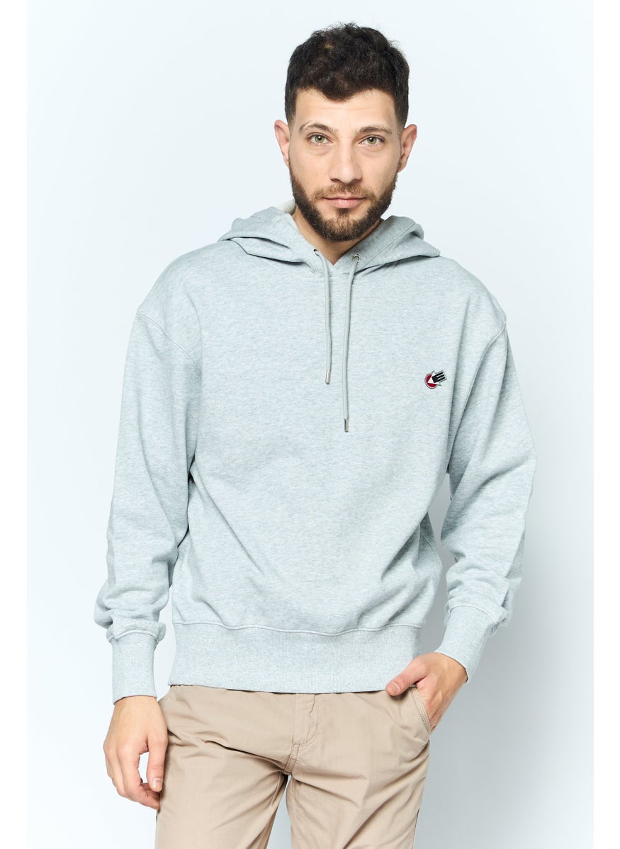 Men Hooded Embroidered Logo Long Sleeves Sweatshirt, Grey