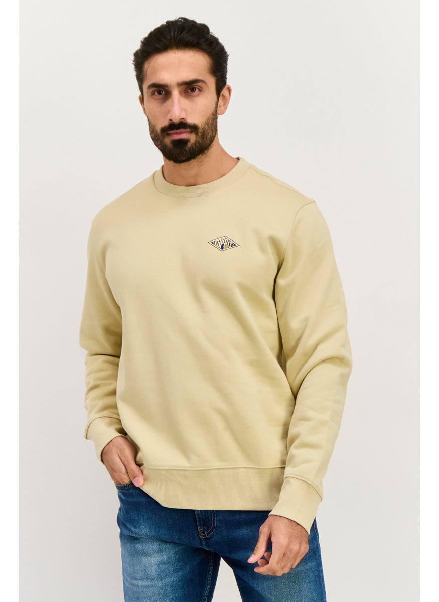 Men Crew Neck Brand Logo Long Sleeve Sweatshirt, Beige