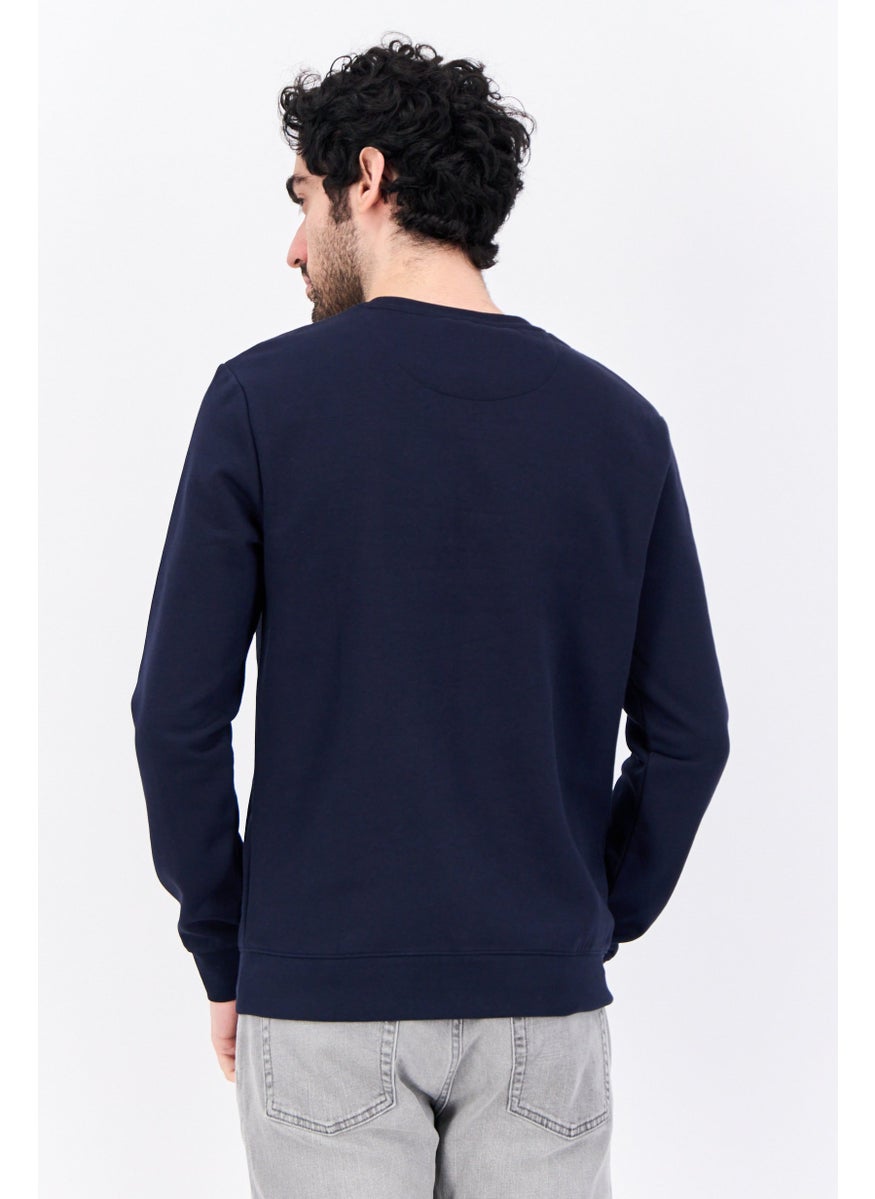 Men Crew Neck Embroidered Long Sleeves Sweatshirt, Navy