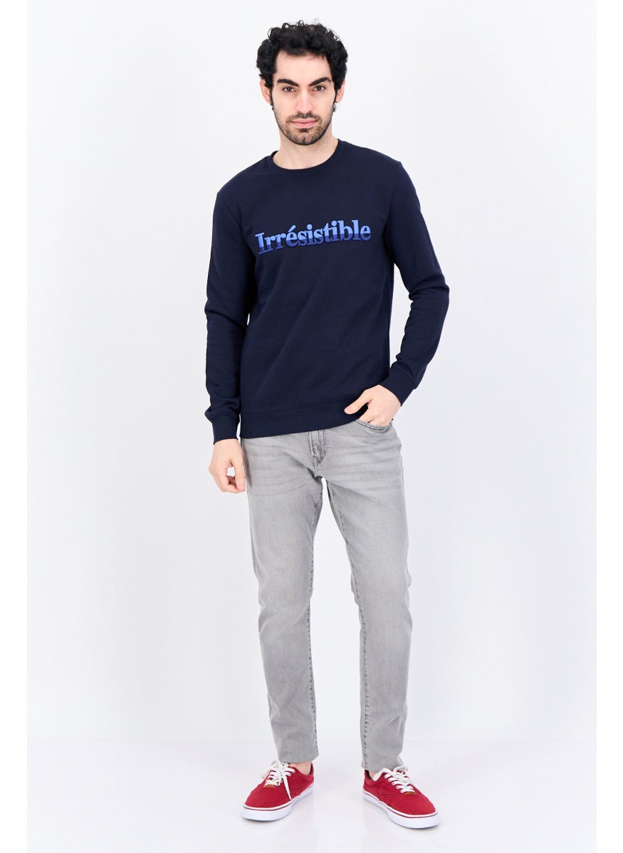 Men Crew Neck Embroidered Long Sleeves Sweatshirt, Navy