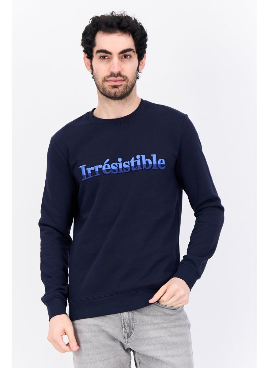Men Crew Neck Embroidered Long Sleeves Sweatshirt, Navy