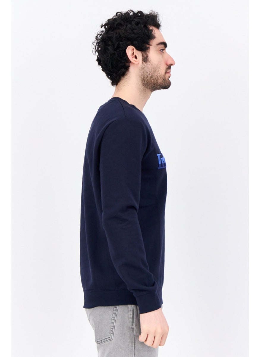 Men Crew Neck Embroidered Long Sleeves Sweatshirt, Navy