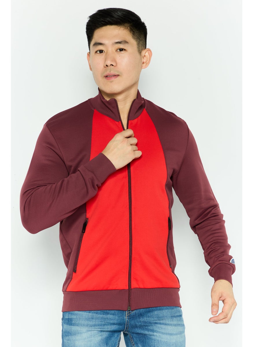 Men High Neck Two-Tone Full Zip Sweatshirt, Maroon