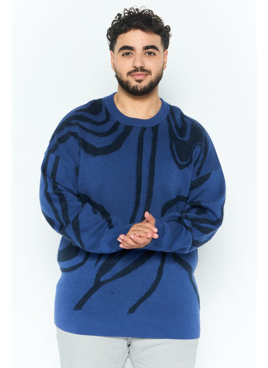 Men Crew Neck All Over Print Sweatshirt, Navy Blue