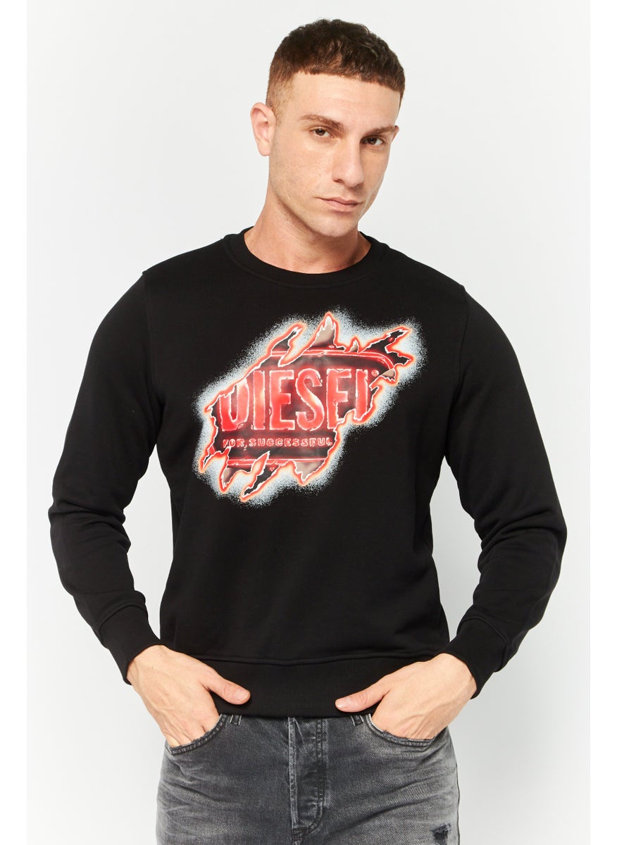 Men Crew Neck Graphic Print Long Sleeves Sweatshirt, Black