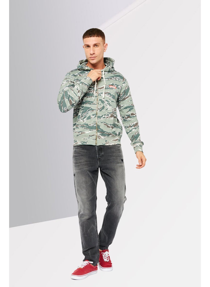 Men Sportswear Fit Camouflage Full Zip Hoodie, Sage Green