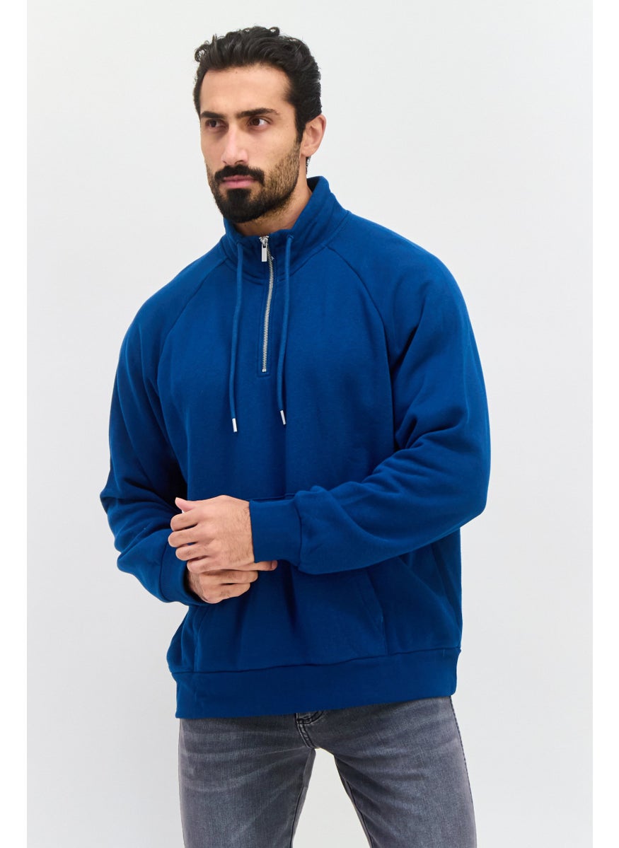 Men High Neck Long Sleeves Solid Sweatshirts, Blue