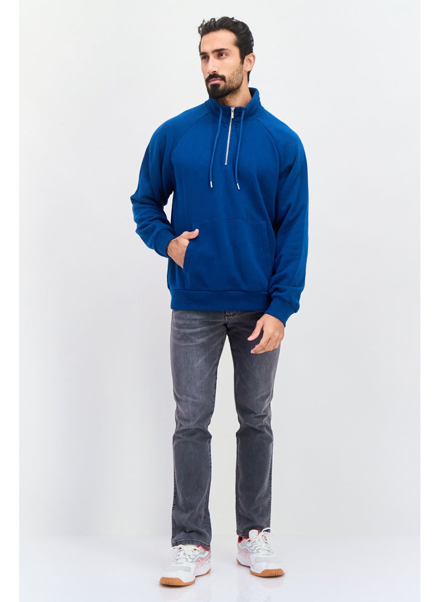 Men High Neck Long Sleeves Solid Sweatshirts, Blue