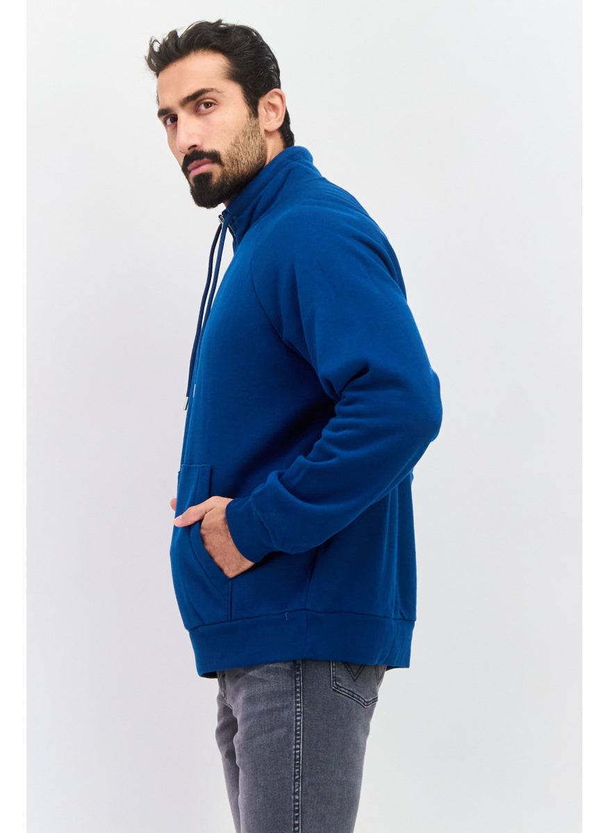 Men High Neck Long Sleeves Solid Sweatshirts, Blue