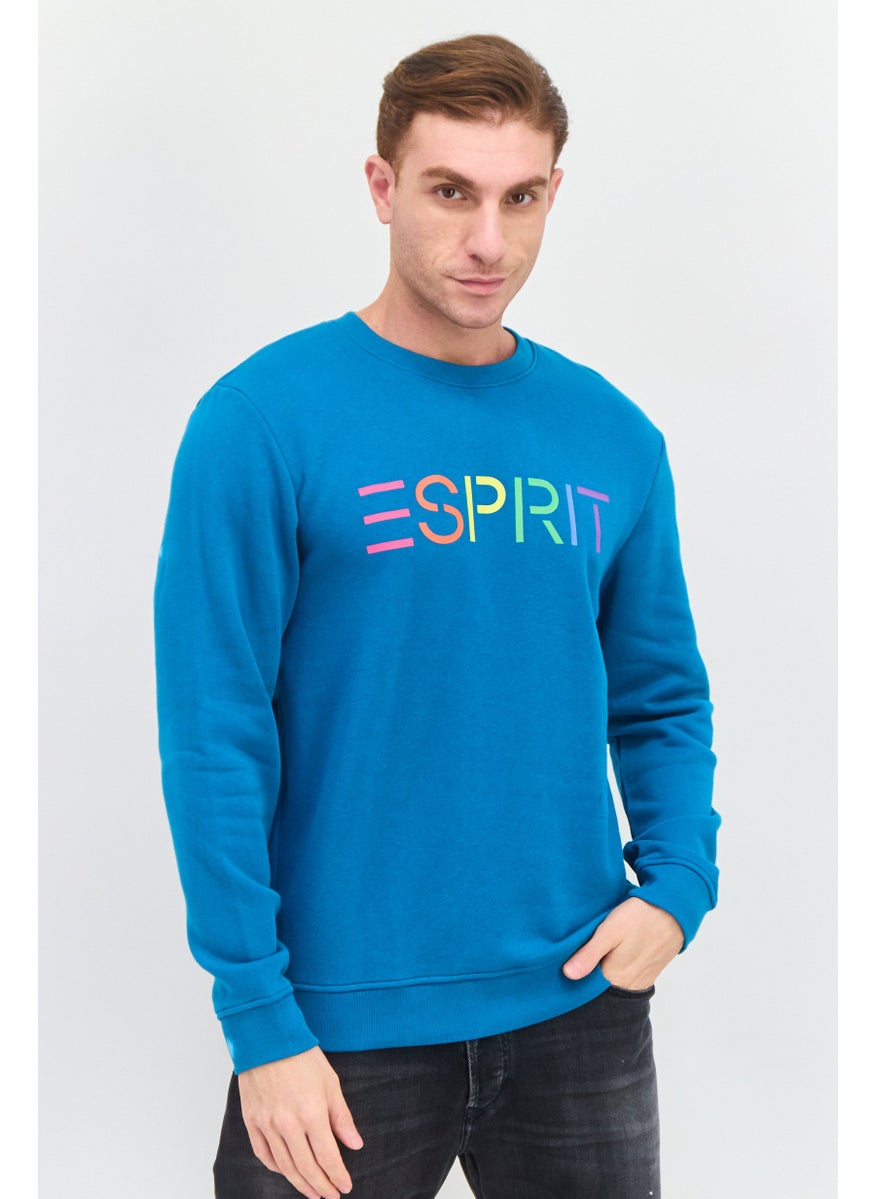 Men Round Neck Long Sleeves Brand Logo Sweatshirt, Teal Blue