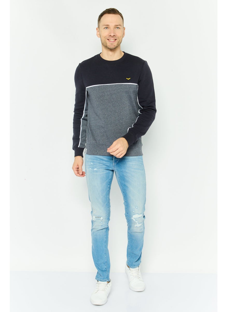 Men Crew Neck Two Tone Long Sleeve Sweatshirt, Navy Combo