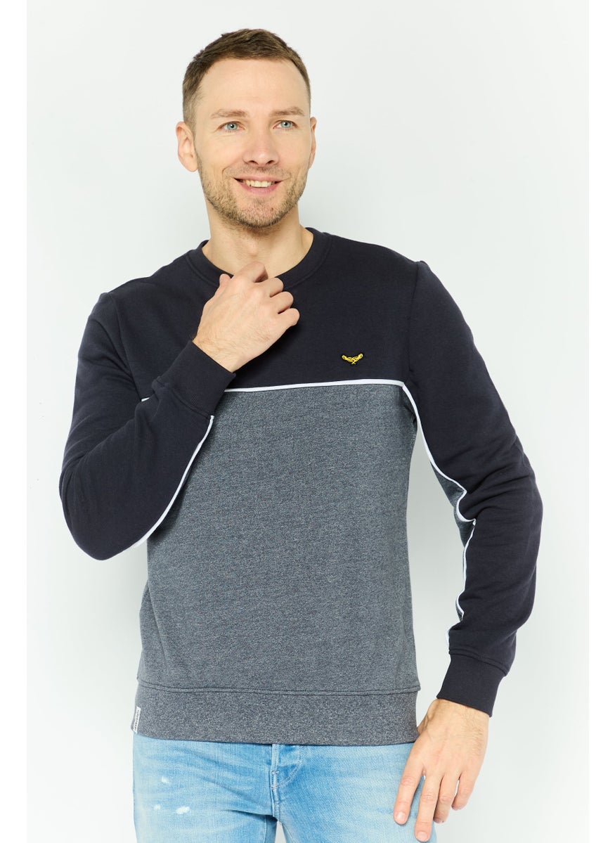 Men Crew Neck Two Tone Long Sleeve Sweatshirt, Navy Combo
