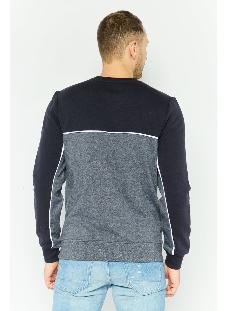 Men Crew Neck Two Tone Long Sleeve Sweatshirt, Navy Combo