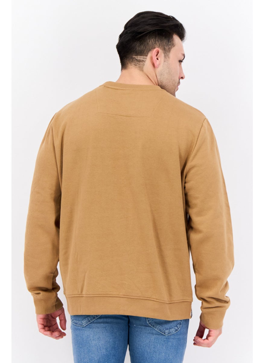 Men Crew Neck Embroidered Long Sleeves Sweatshirt, Brown