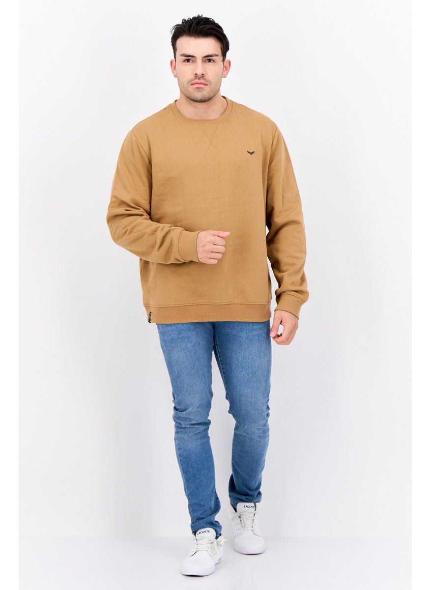 Men Crew Neck Embroidered Long Sleeves Sweatshirt, Brown