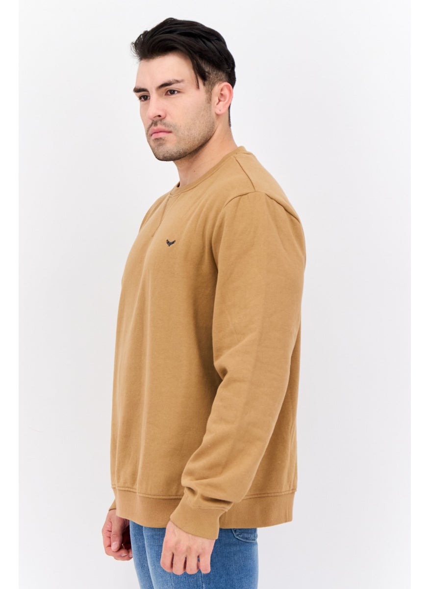 Men Crew Neck Embroidered Long Sleeves Sweatshirt, Brown