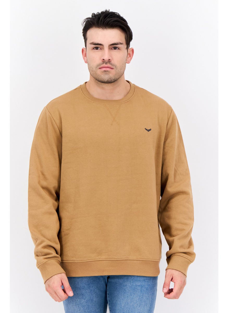 Men Crew Neck Embroidered Long Sleeves Sweatshirt, Brown