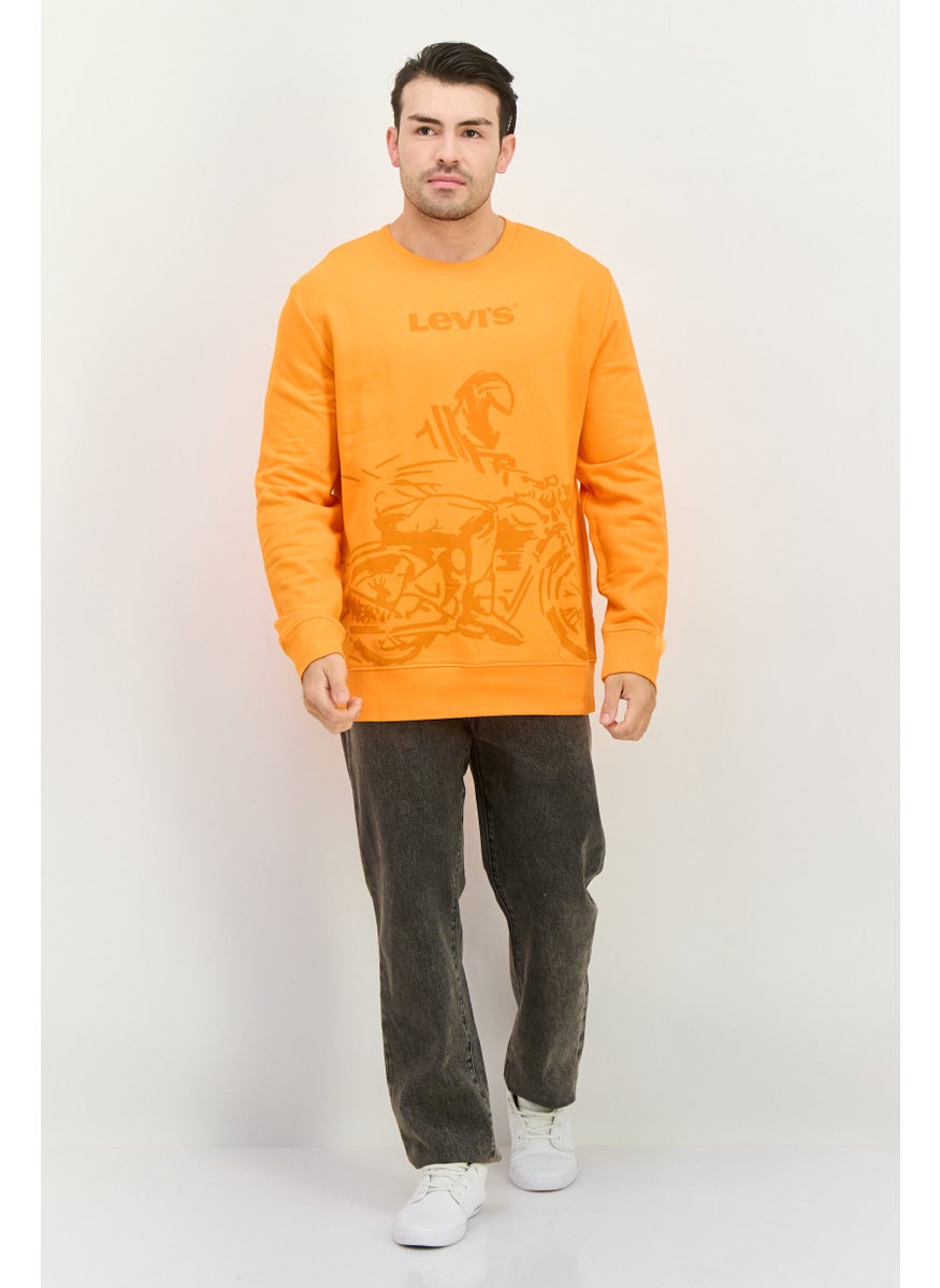 Men Crew Neck Long Sleeves Brand Logo Sweatshirt, Orange