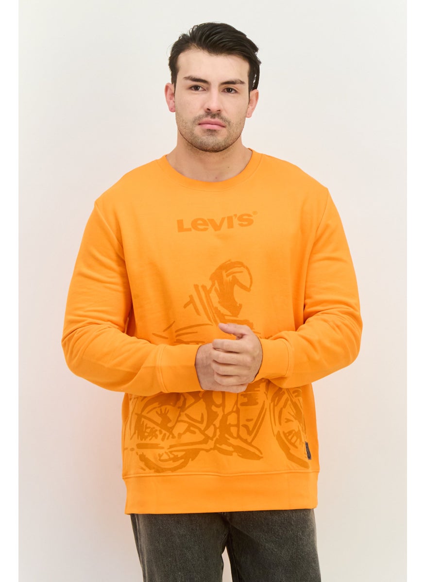 Men Crew Neck Long Sleeves Brand Logo Sweatshirt, Orange