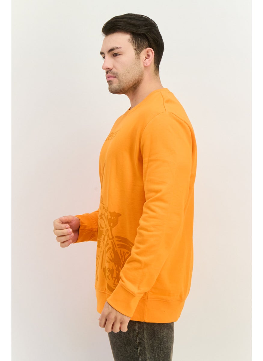 Men Crew Neck Long Sleeves Brand Logo Sweatshirt, Orange