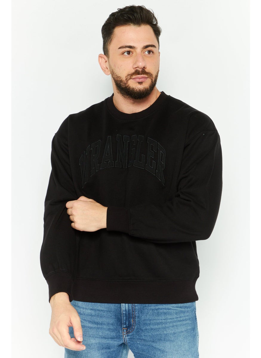 Men Crew Neck Embroidered Sweatshirts, Black