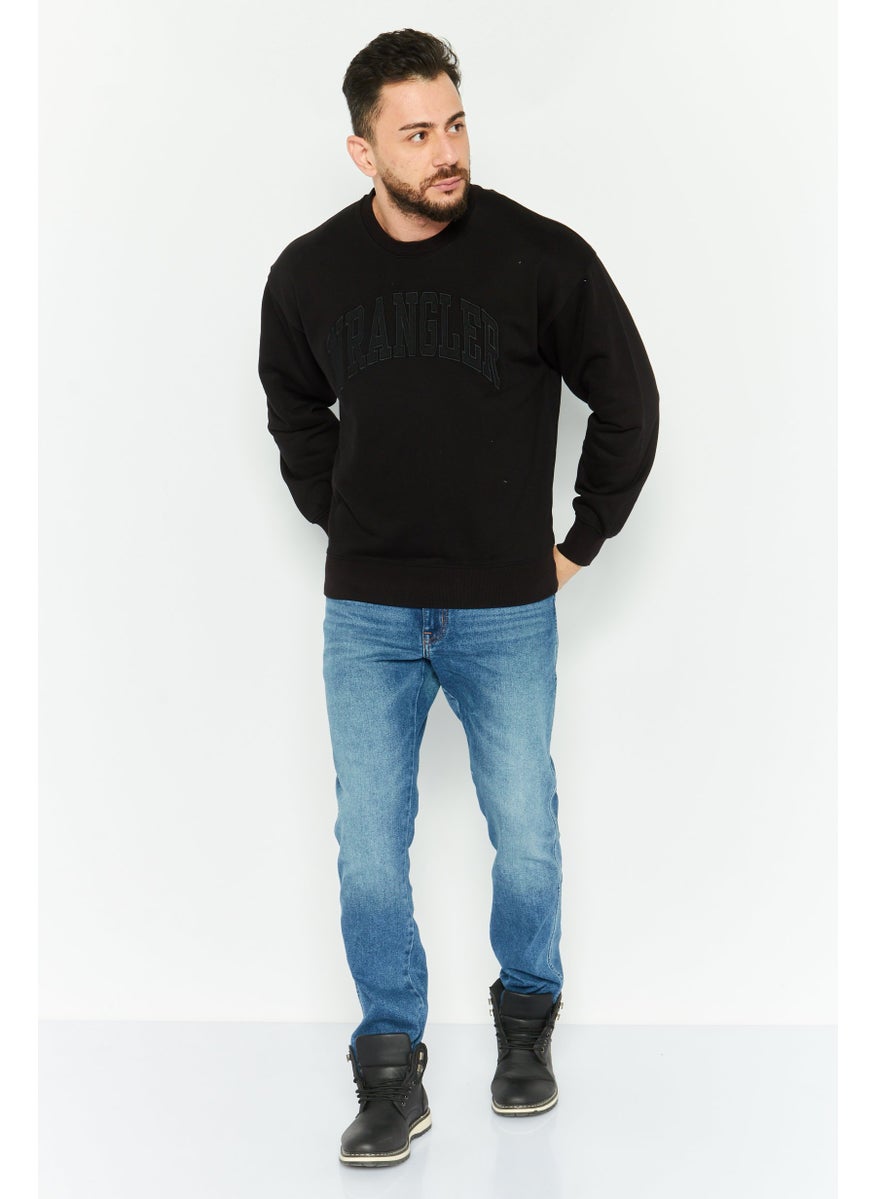 Men Crew Neck Embroidered Sweatshirts, Black