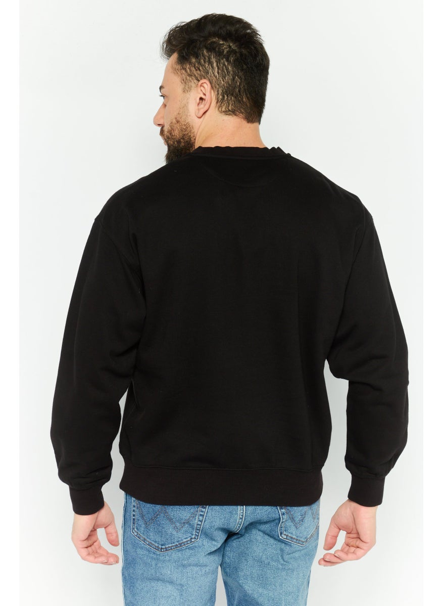 Men Crew Neck Embroidered Sweatshirts, Black