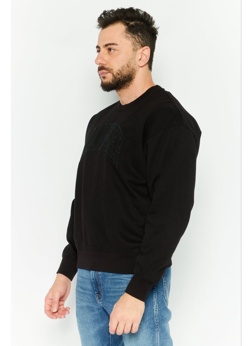 Men Crew Neck Embroidered Sweatshirts, Black