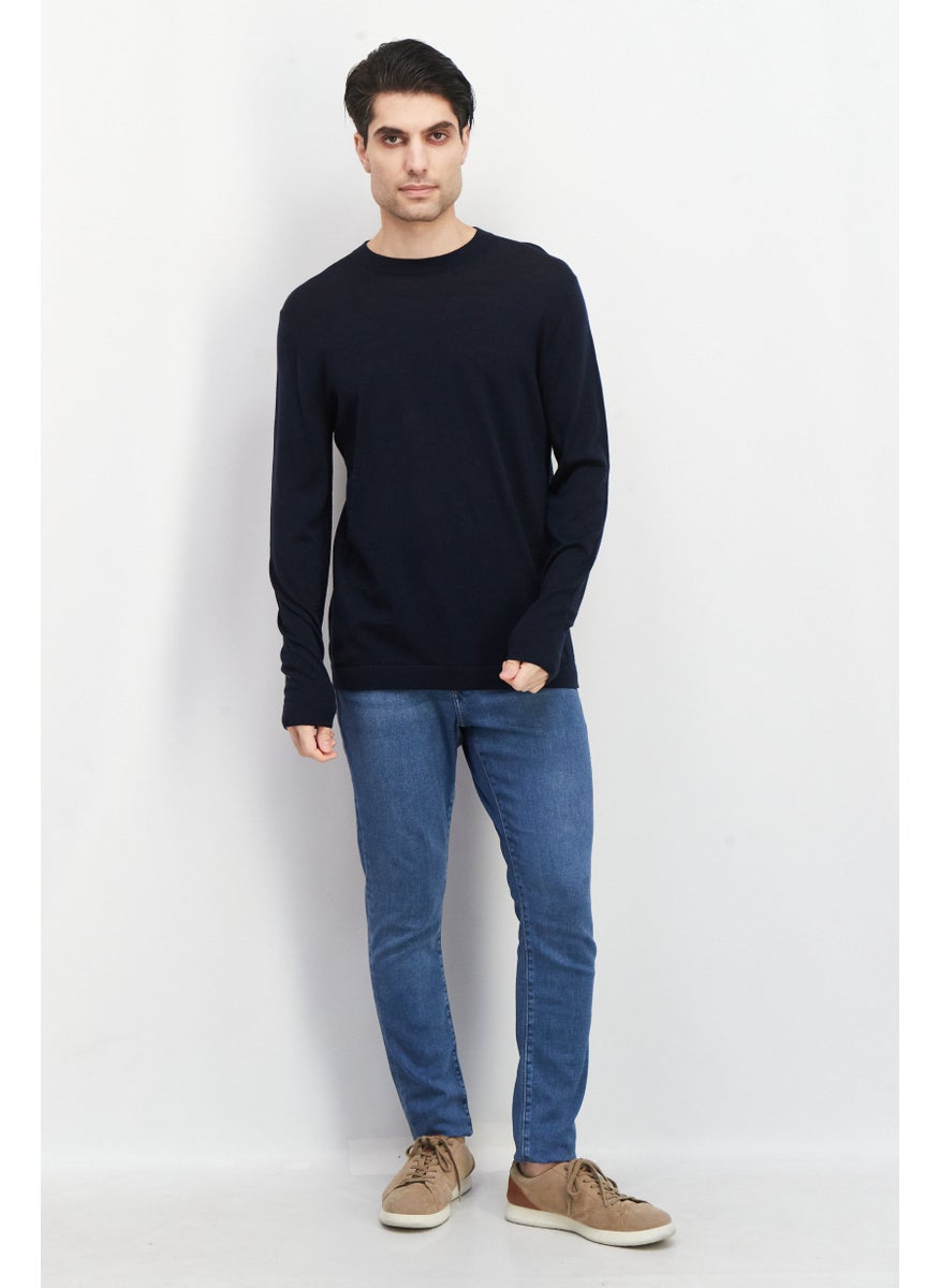 Men Round Neck Textured  Long Sleeves Sweatshirt, Navy Blue