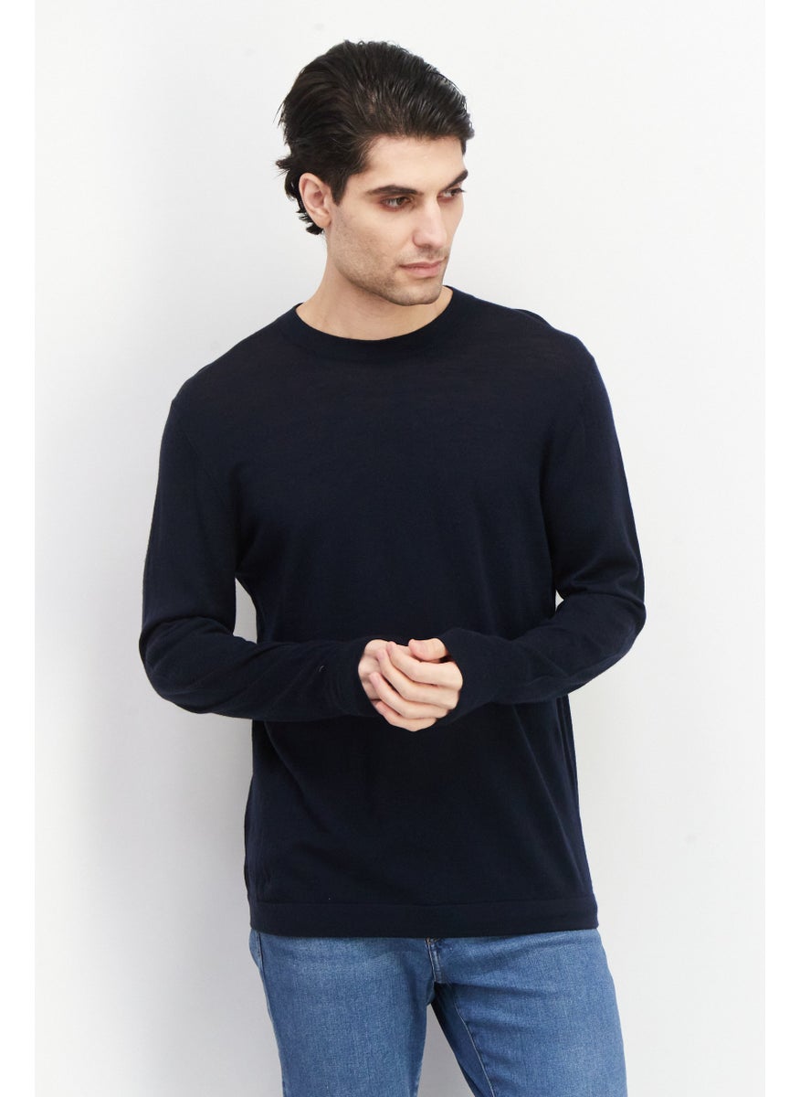 Men Round Neck Textured  Long Sleeves Sweatshirt, Navy Blue