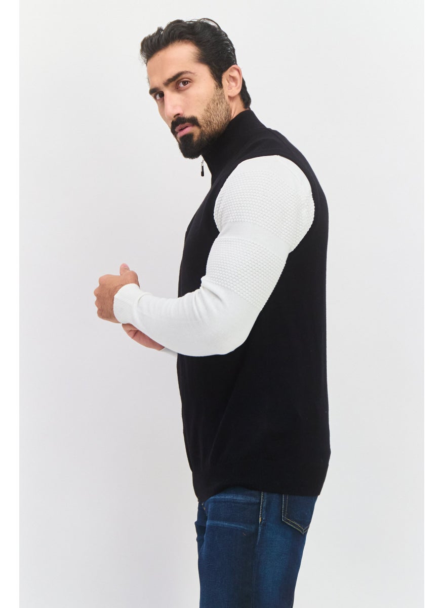 Men Mock Neck Textured Print Sleeveless Vest, Black