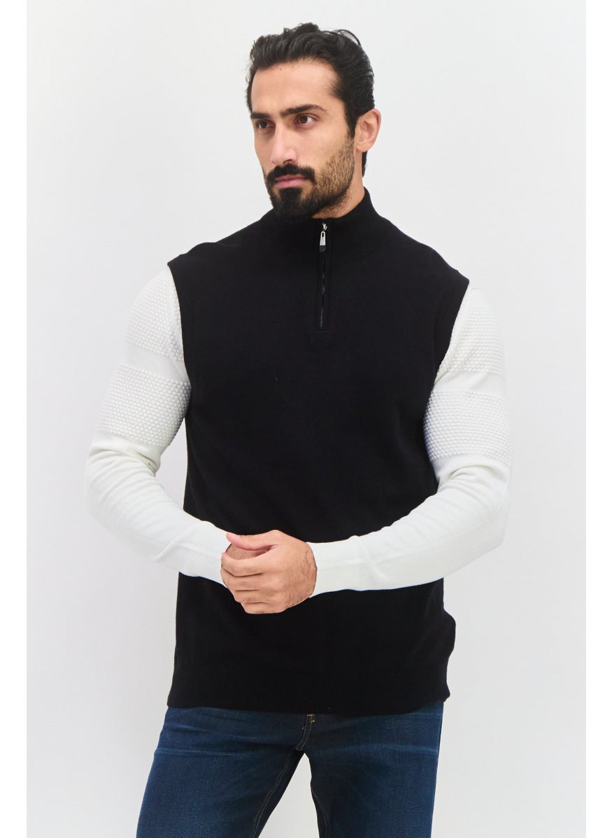 Men Mock Neck Textured Print Sleeveless Vest, Black