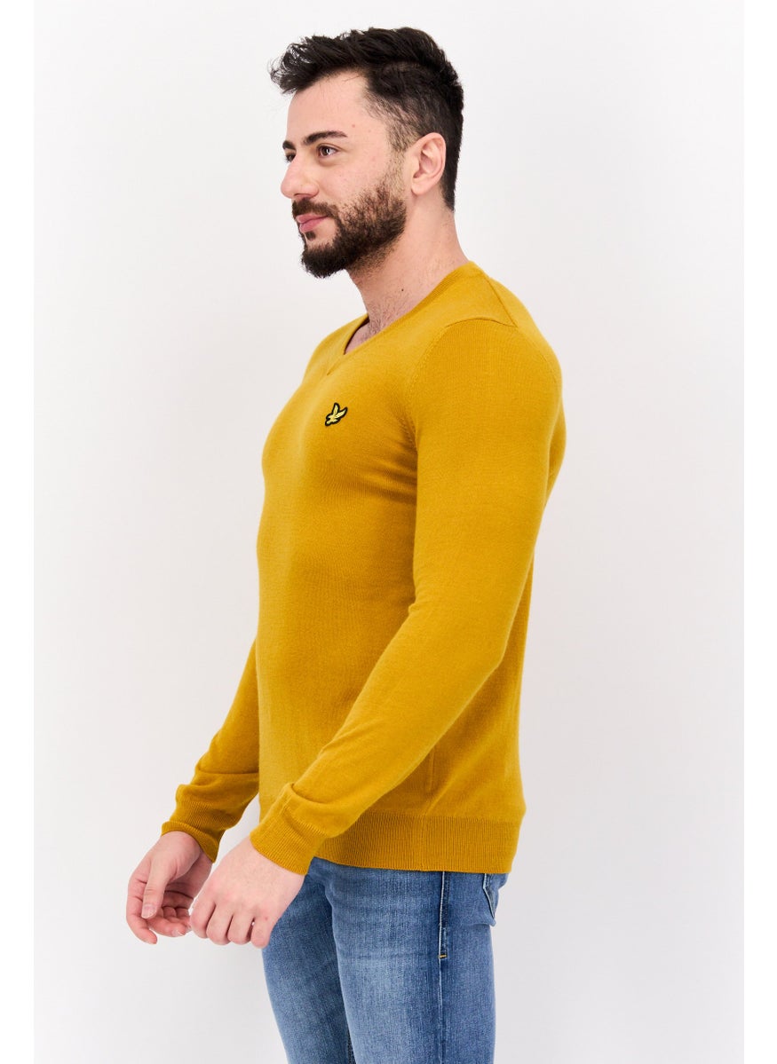 Men V Neck Embroidered Logo Long Sleeve Sweater, Yellow