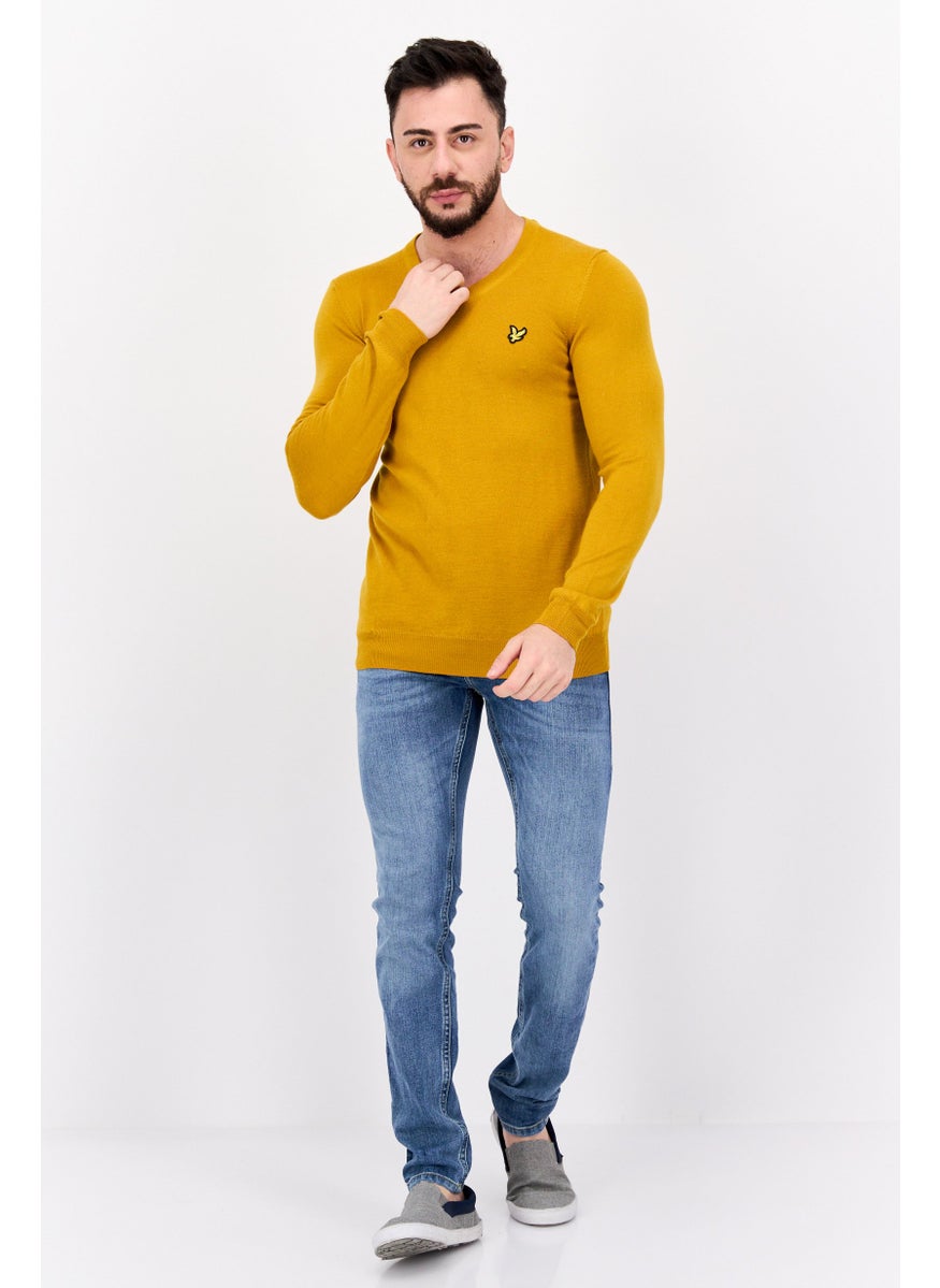 Men V Neck Embroidered Logo Long Sleeve Sweater, Yellow