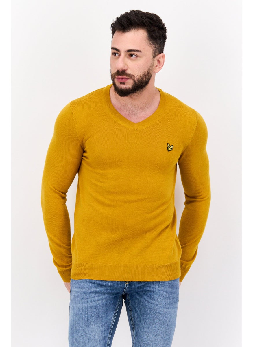 Men V Neck Embroidered Logo Long Sleeve Sweater, Yellow