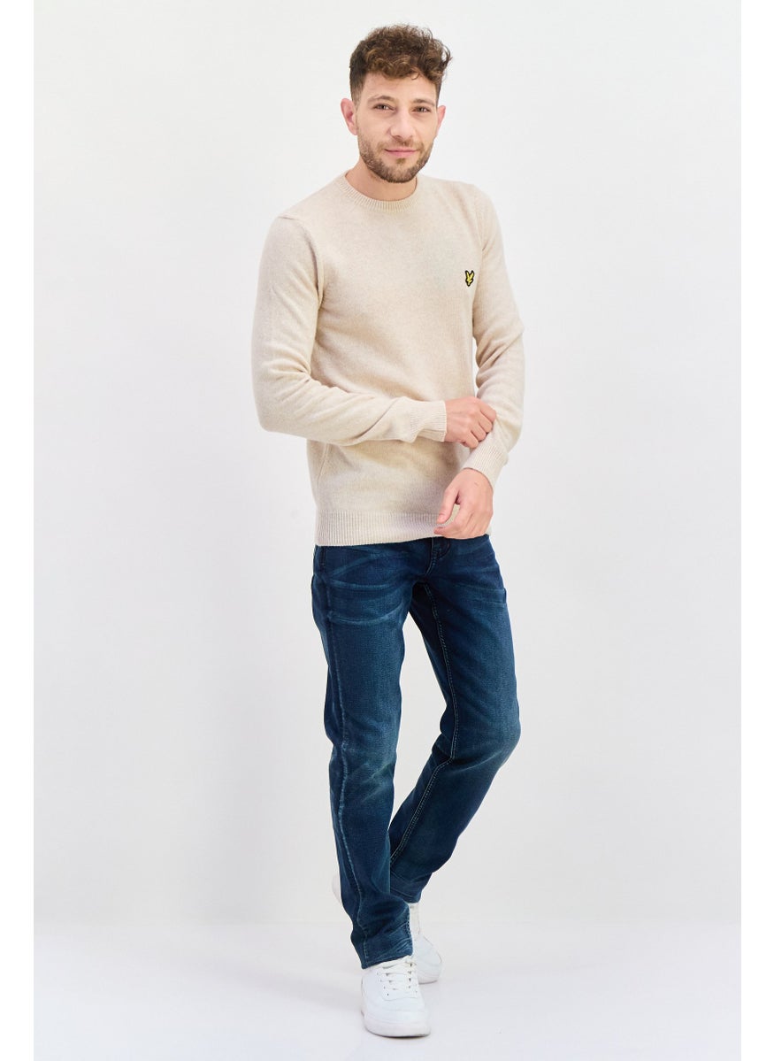 Men Crew Neck Patch Logo Sweaters, Oatmeal Heather