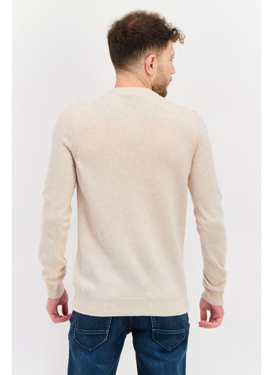 Men Crew Neck Patch Logo Sweaters, Oatmeal Heather