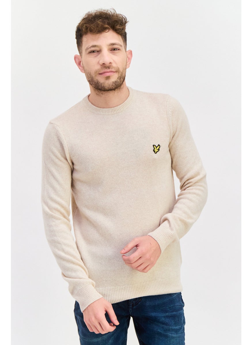 Men Crew Neck Patch Logo Sweaters, Oatmeal Heather