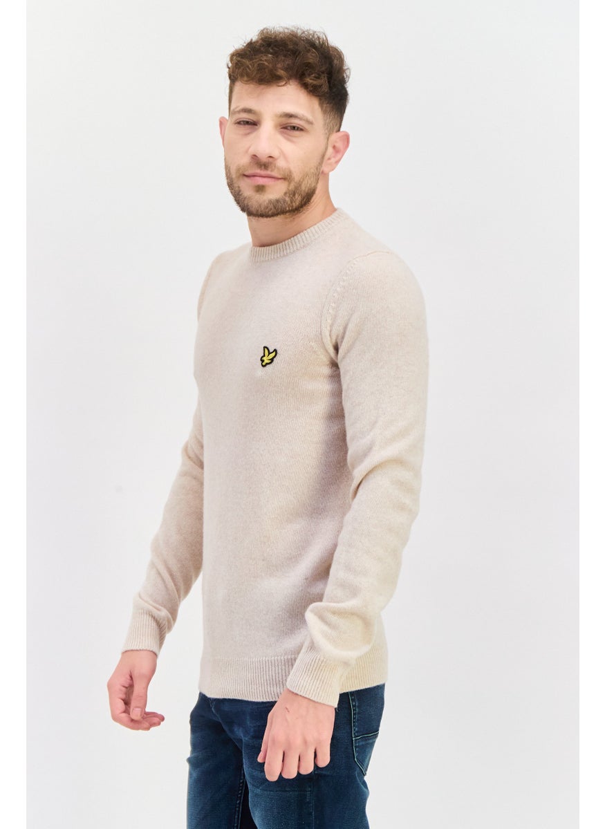 Men Crew Neck Patch Logo Sweaters, Oatmeal Heather
