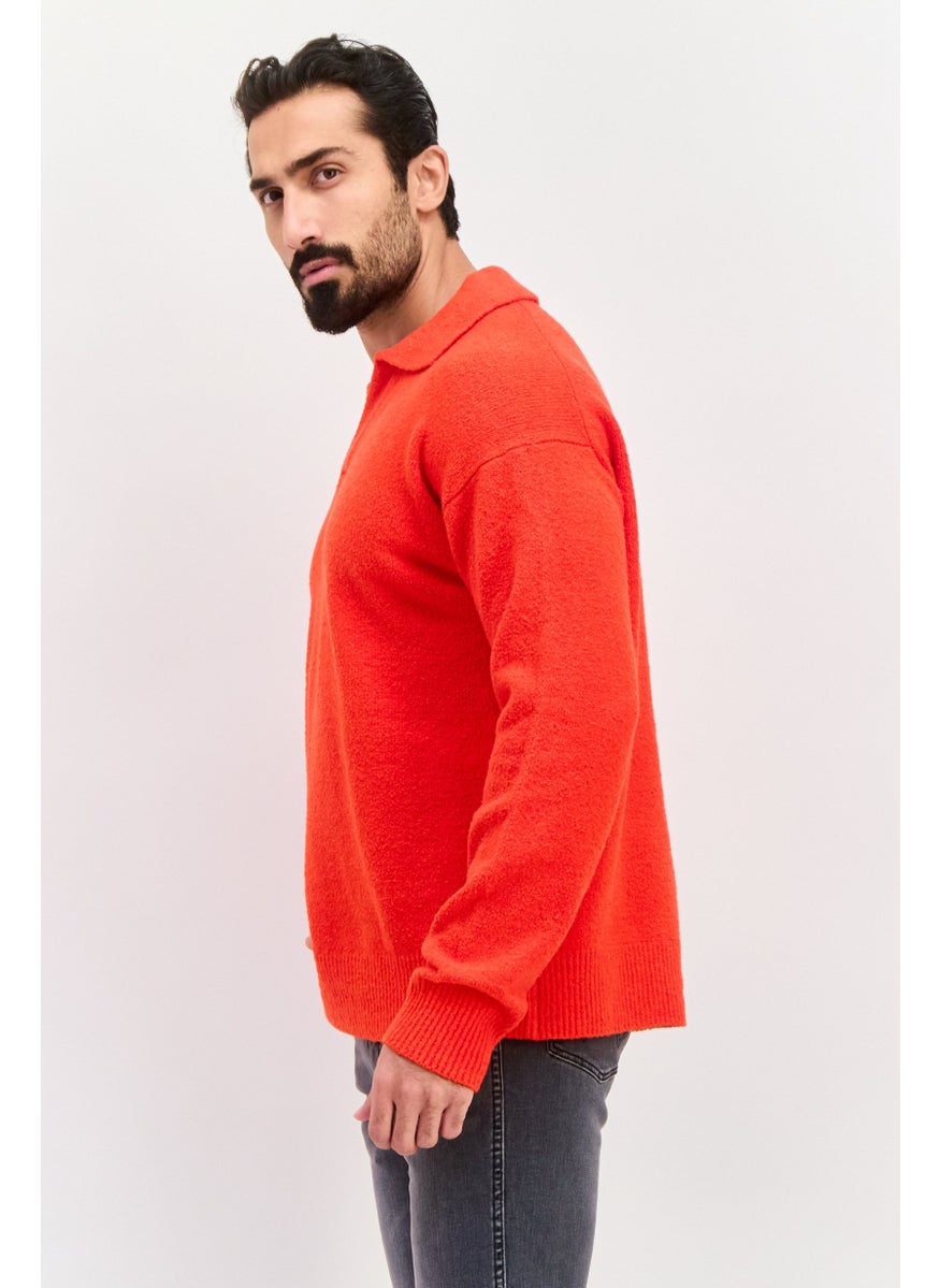 Men Spread Neck Textured Long Sleeves Sweater, Red