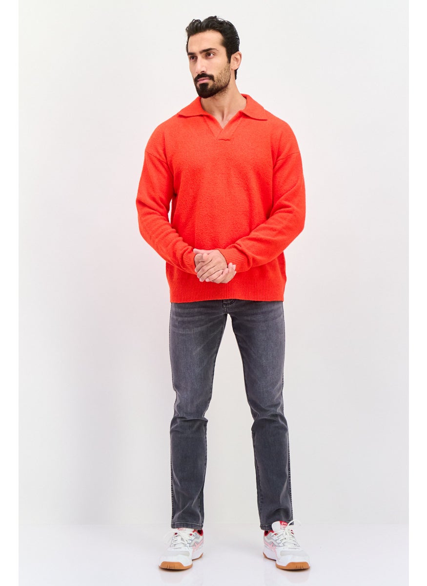 Men Spread Neck Textured Long Sleeves Sweater, Red